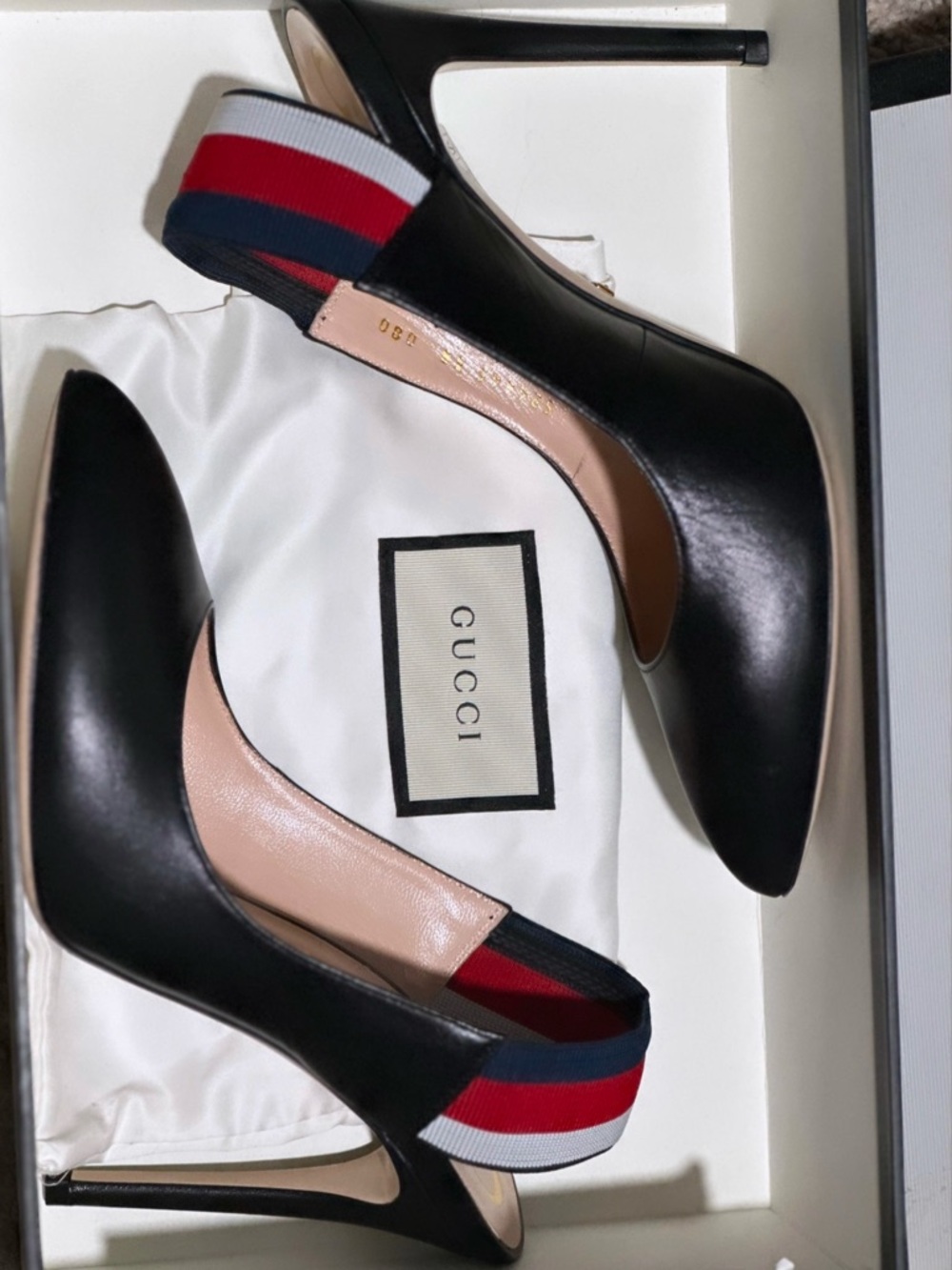 Gucci Black Leather Pointed Slingback Pumps with Red-Blue Striped Elastic - Picture 2 of 5
